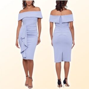 XSCAPE Wrenley Off-Shoulder Ruffled Crepe Sheath Dress Sz 14 Sky Blue